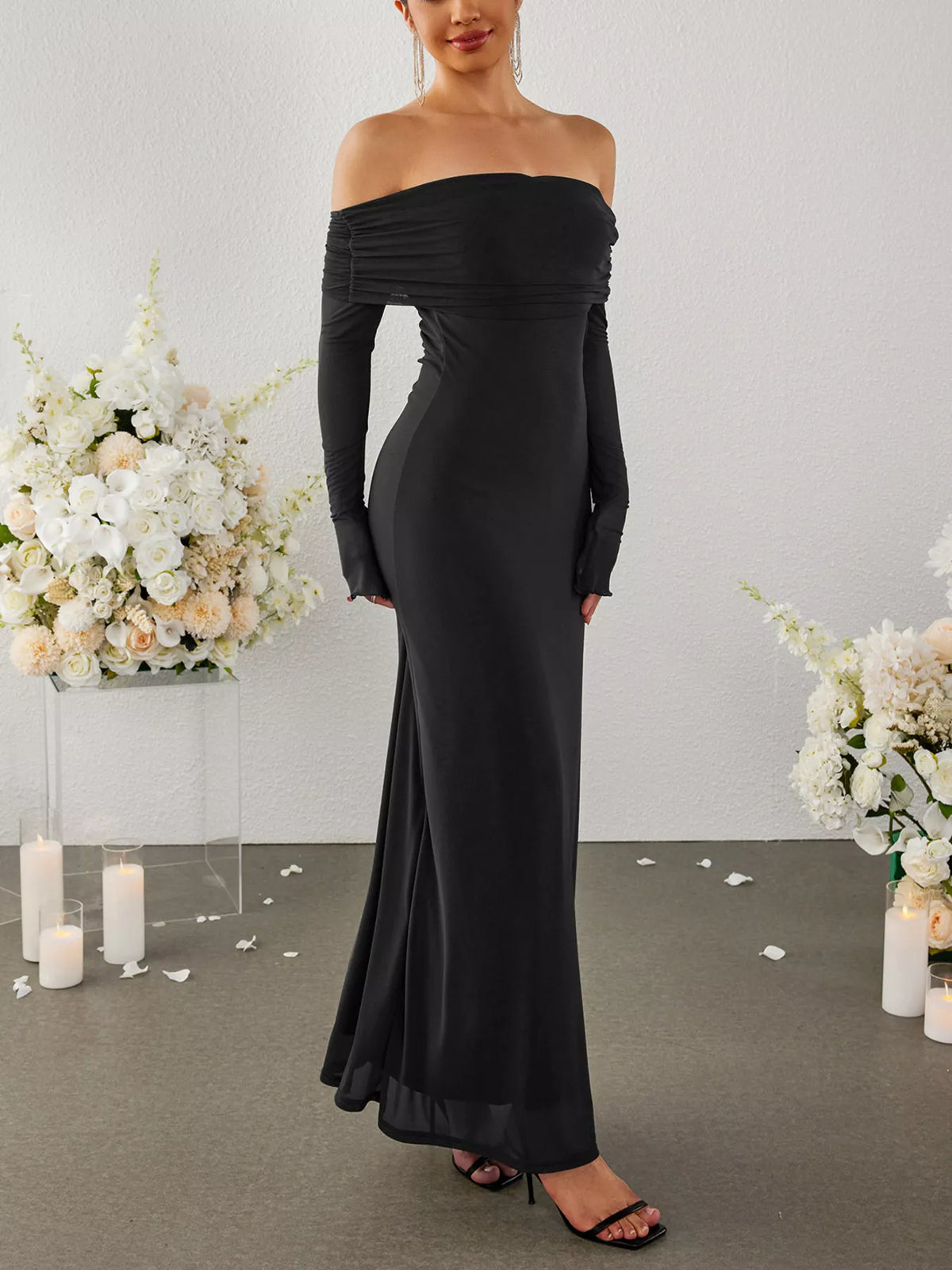 Off-shoulder Ruched Long Sleeve Maxi Dress (16)