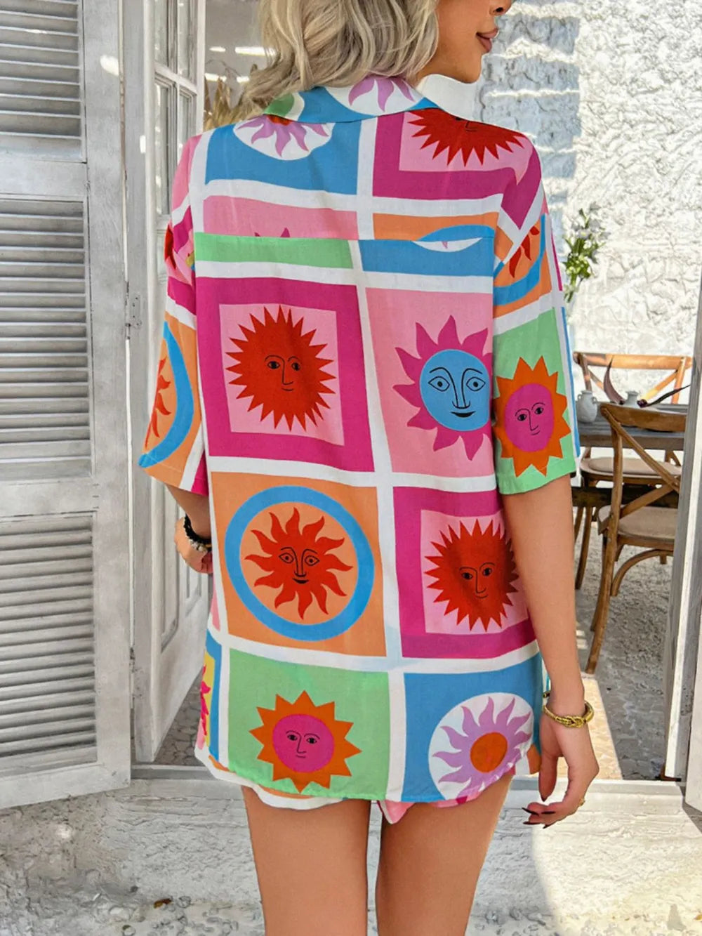 Printed Button Down Shirt Shorts Set (35)