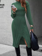 Full Size Mock Neck Cable Knit Sweater Dress Front Slit Plus (26)