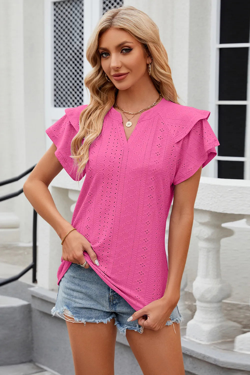 Eyelet Notched Short Sleeve T-shirt (3)