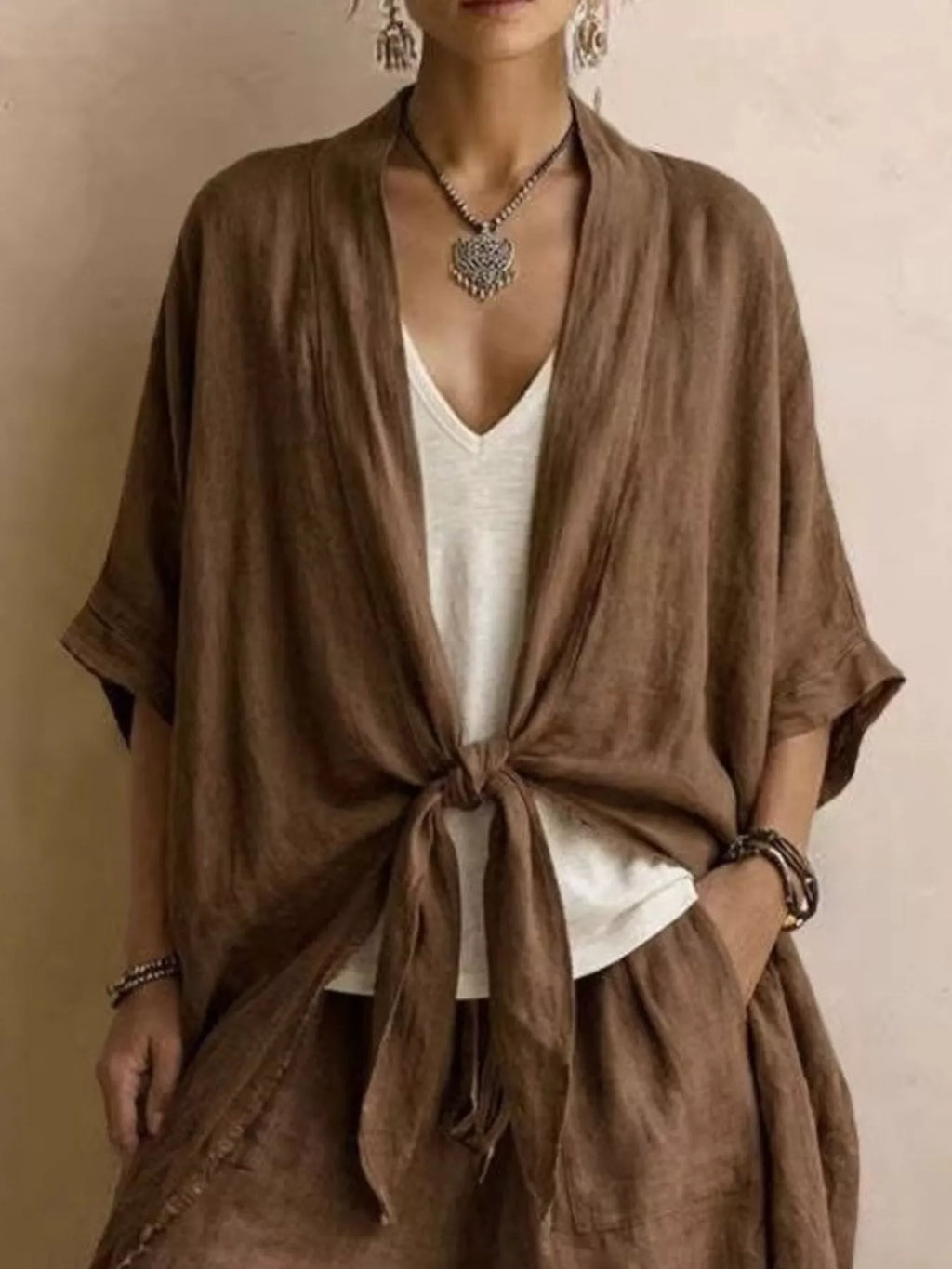 Full Size Tie-front Cardigan Wide-leg Pants Set Plus (4)