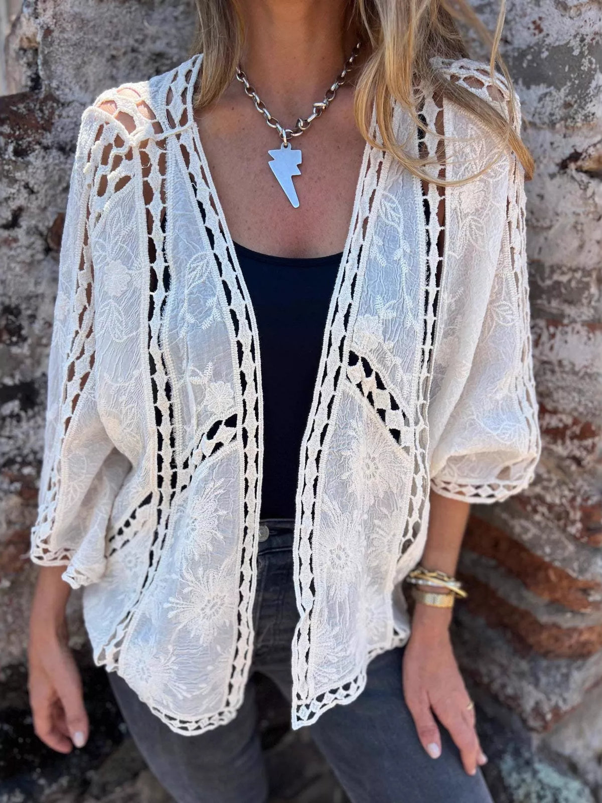 Full Size Embroidered Open Front Cardigan Plus