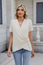 Solid Color Surplice Short Sleeve Blouse (3)
