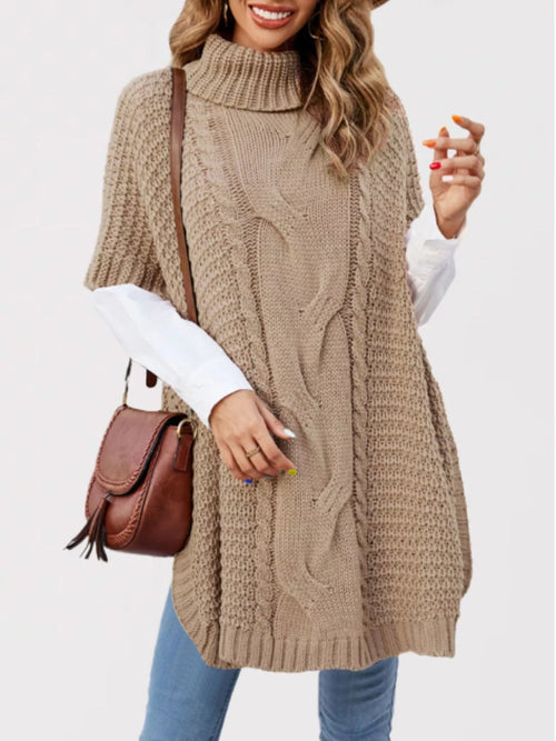 Turtleneck Cable-knit Short Sleeve Oversized Sweater