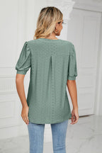 Eyelet Short Puff Sleeve Notched Neck Top (19)