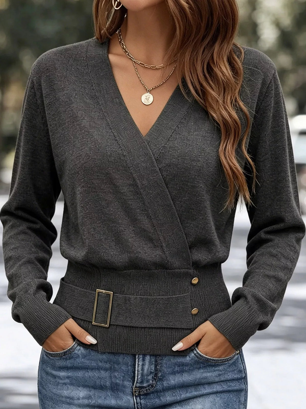 Surplice Elastic Waist Long Sleeve Knit Top (3)