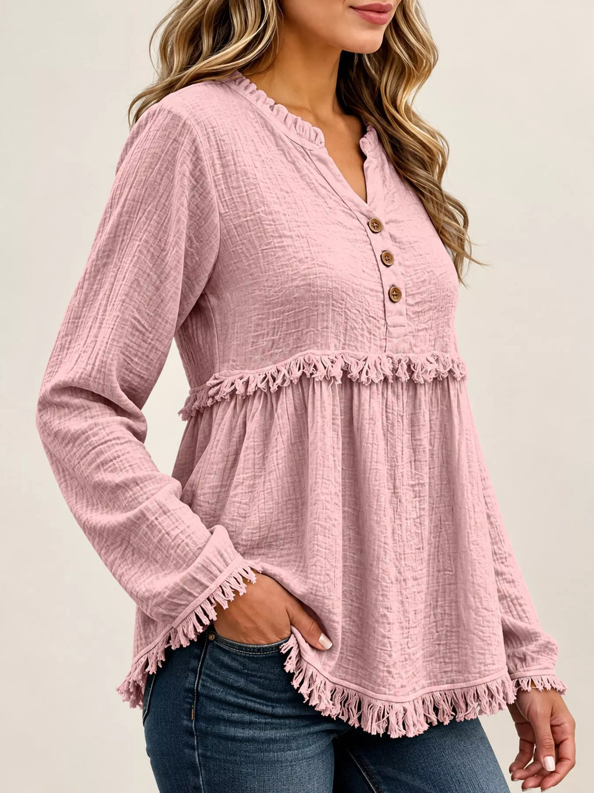 Full Size Frayed Hem Button Detail Blouse Plus (22)