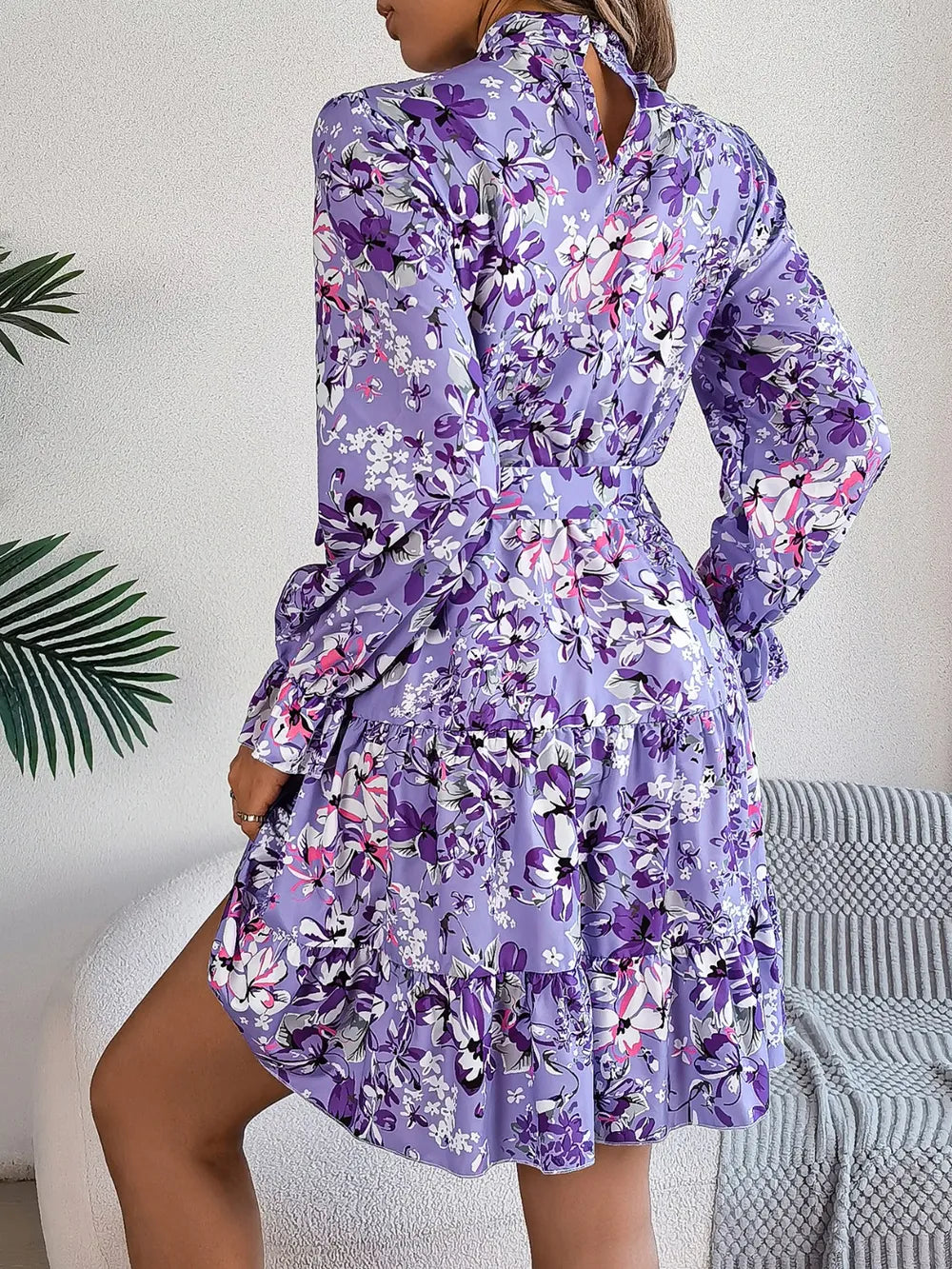 Printed Mock Neck Flounce Sleeve Mini Dress (7)