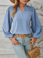 Ruched Swiss Dot Notched Balloon Sleeve T-shirt (8)