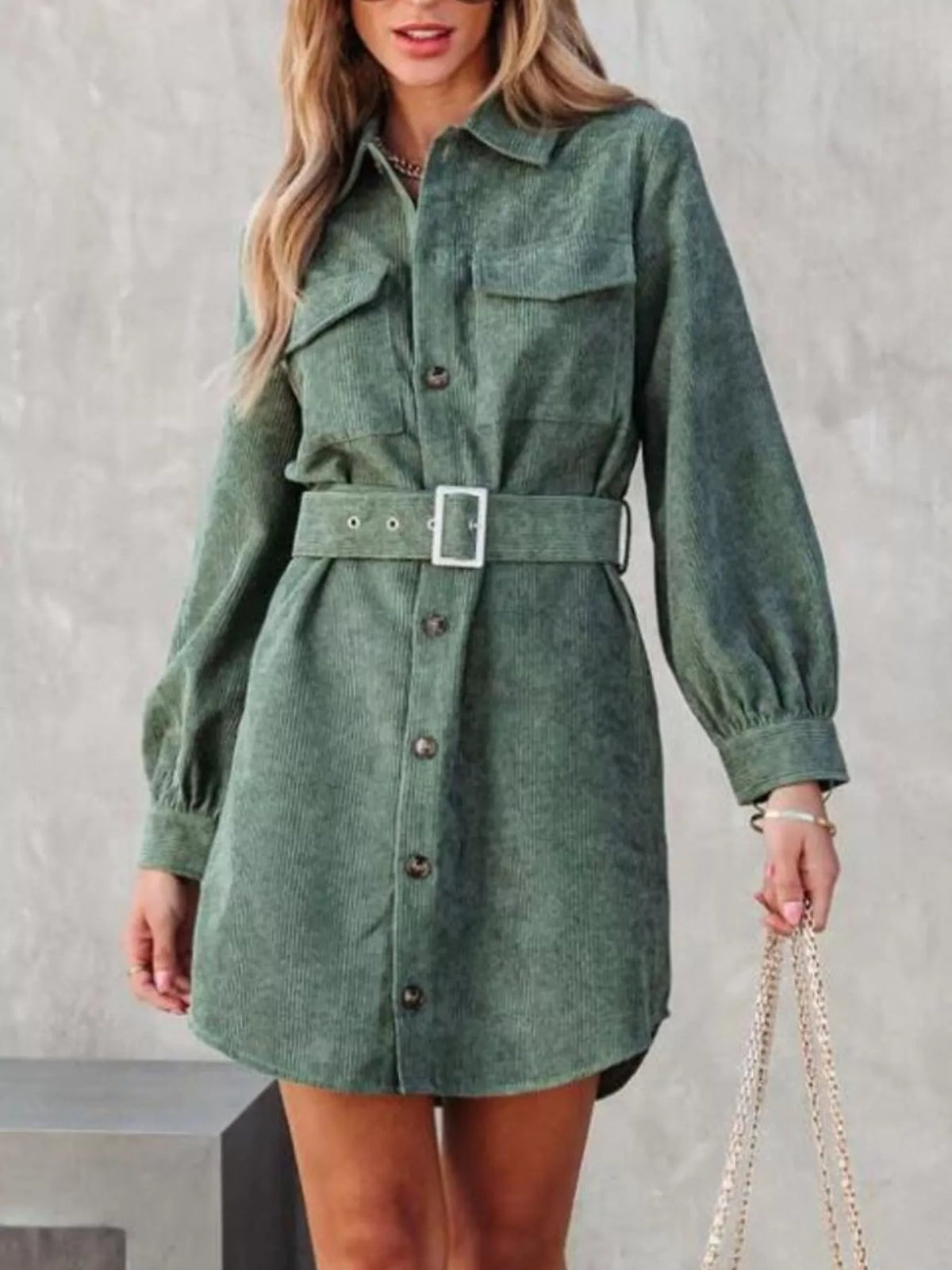 Button Front Belt Long Sleeve Corduroy Dress (12)