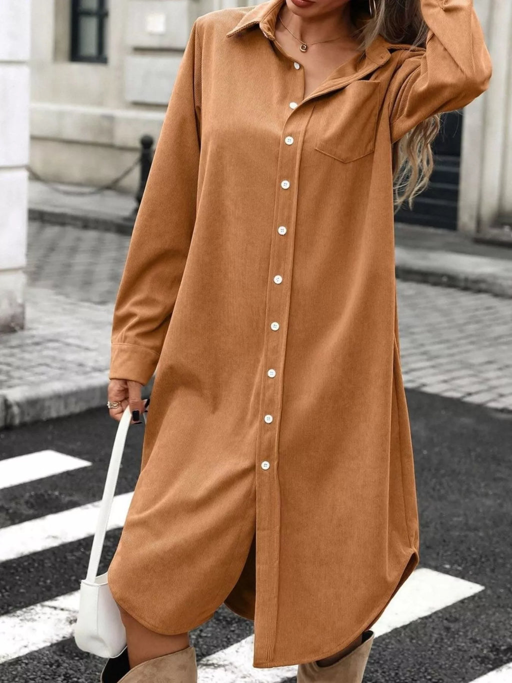 Corduroy Shirt Dress Button-down Front (3)