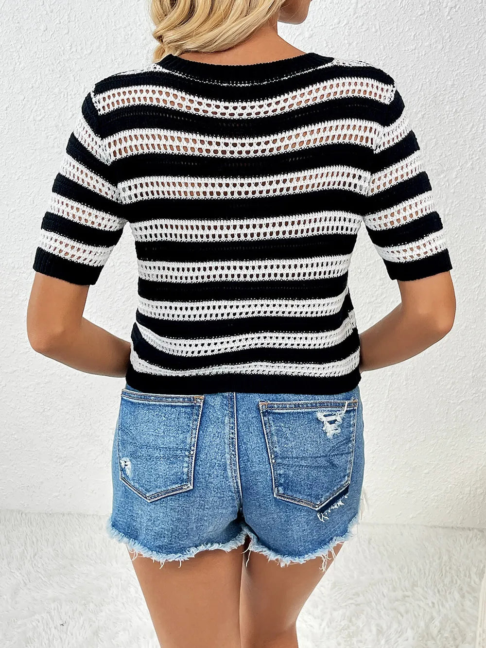 Openwork Striped Round Neck Short Sleeve Knit Top (12)