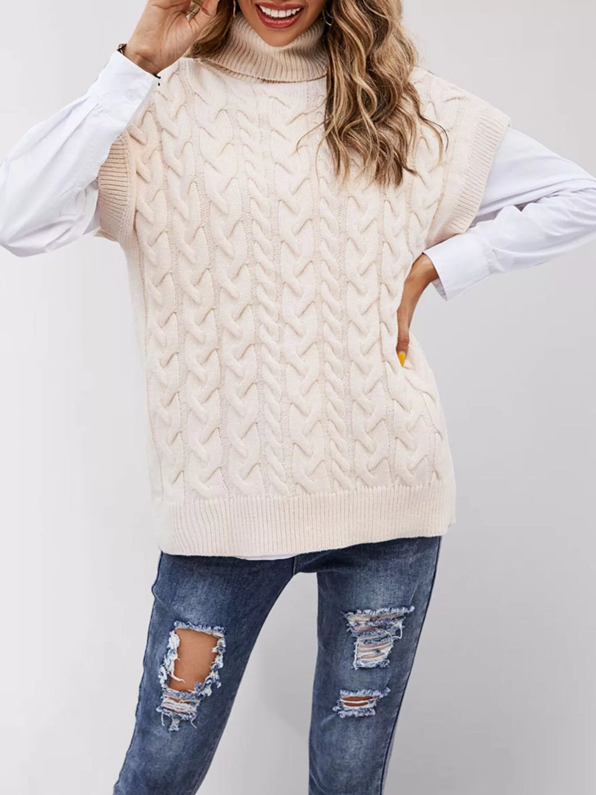 Chunky Knit Turtleneck Cap Sleeve Sweater (2)
