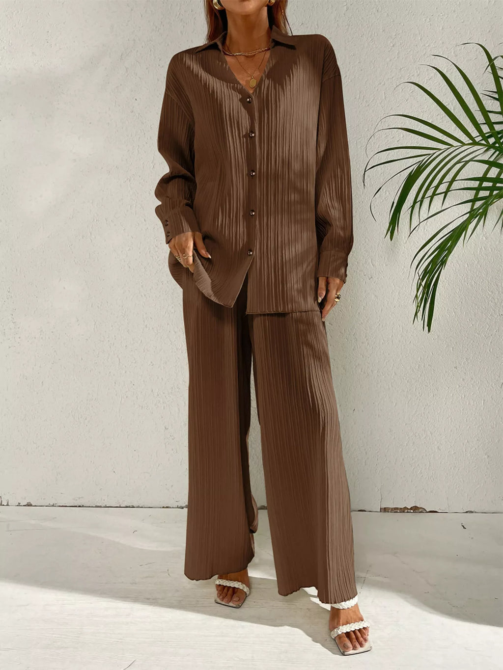 Long Sleeve Shirt Wide Leg Pants Set (4)