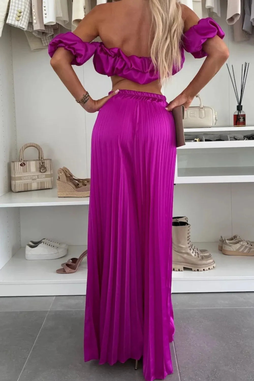 Off-shoulder Top Pleated Pants Set (14)