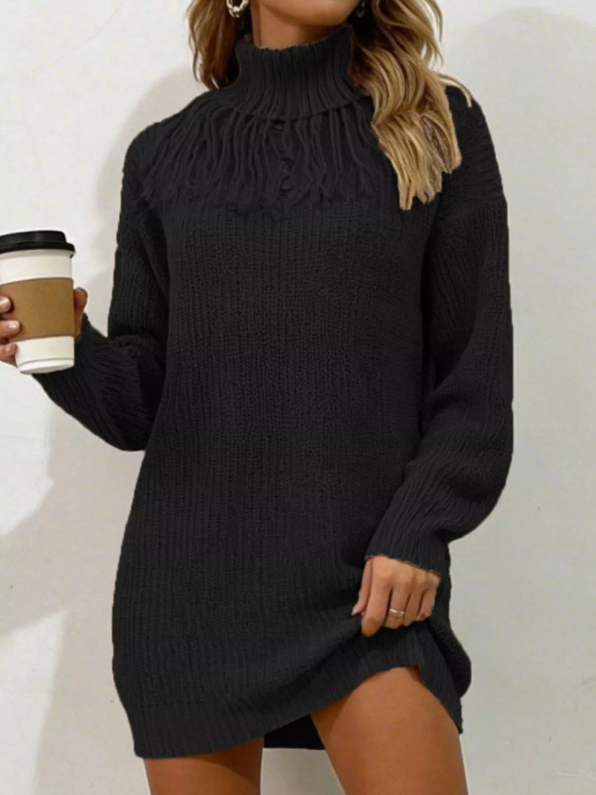 Full Size Turtleneck Fringe Detail Sweater Dress Plus (5)