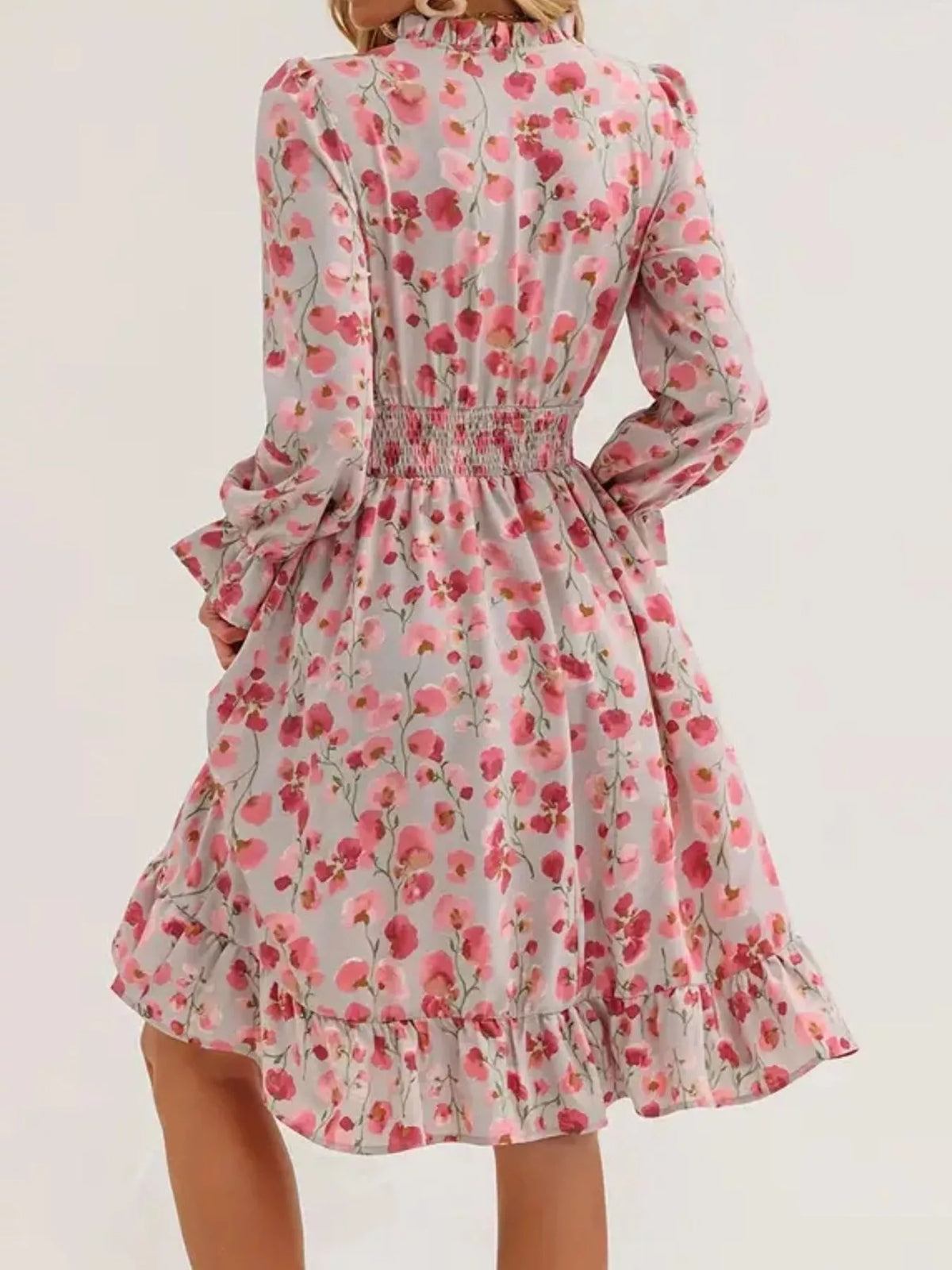 Floral Notched Flounce Sleeve Dress (6)