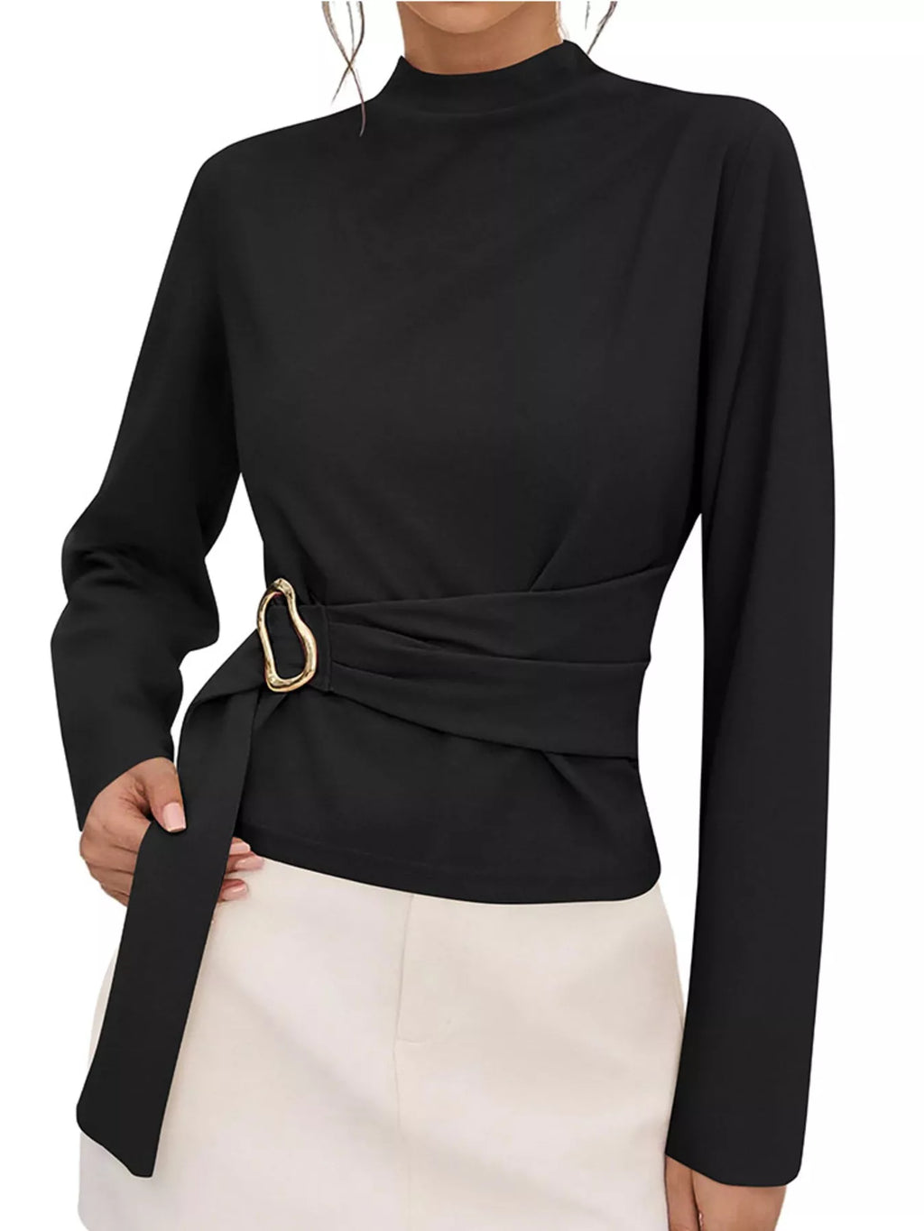 Mock Neck Blouse Waist-defining Metal Buckle Detail (6)
