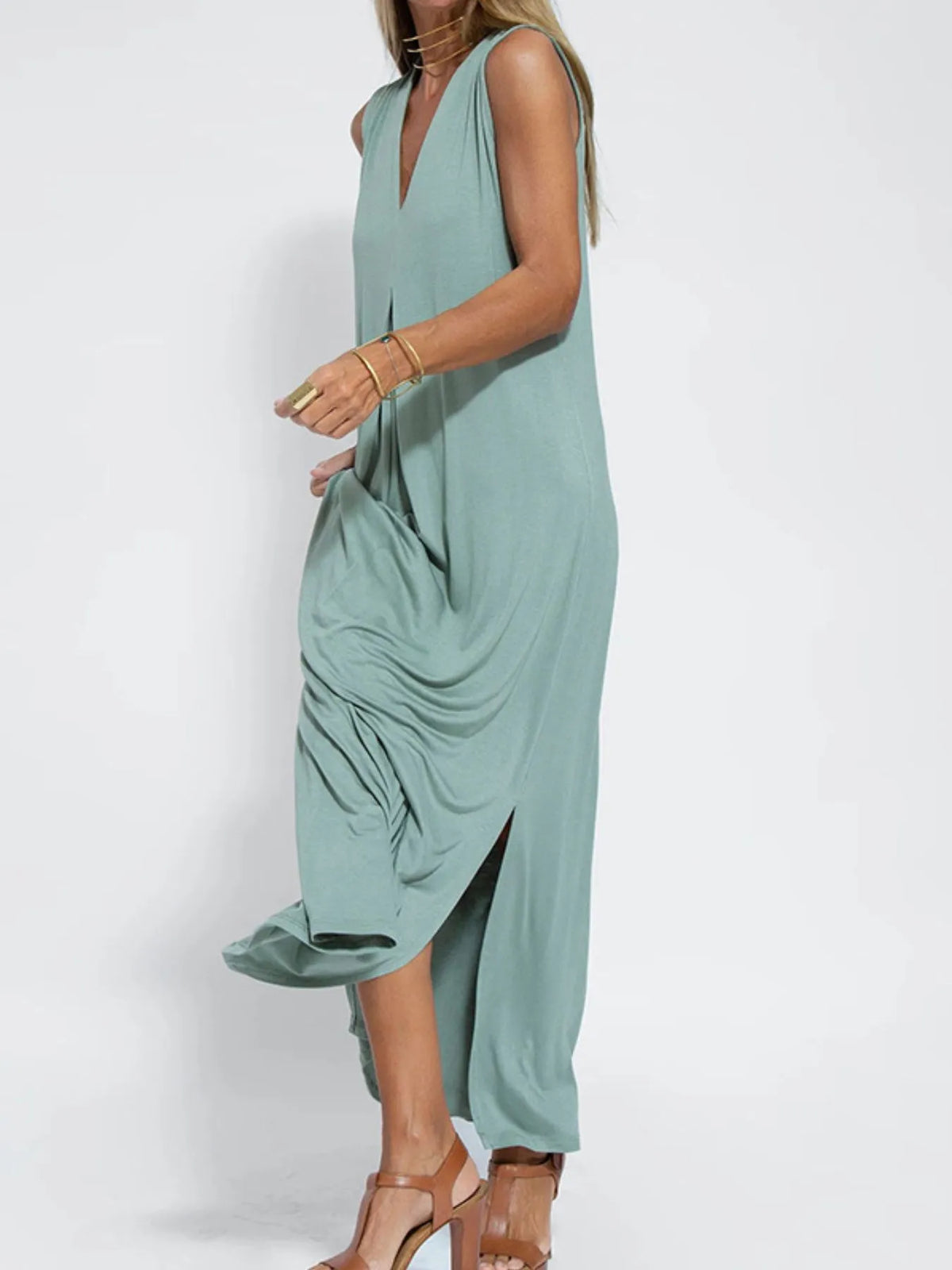 Full Size V-neck Sleeveless Maxi Dress Slit Plus (3)
