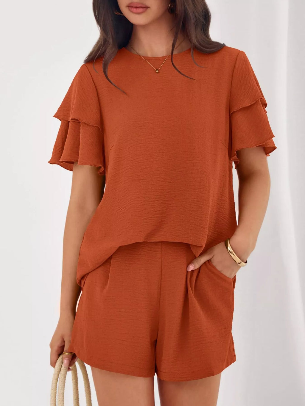 Ruffle Sleeve Top Shorts Two-piece Set (10)