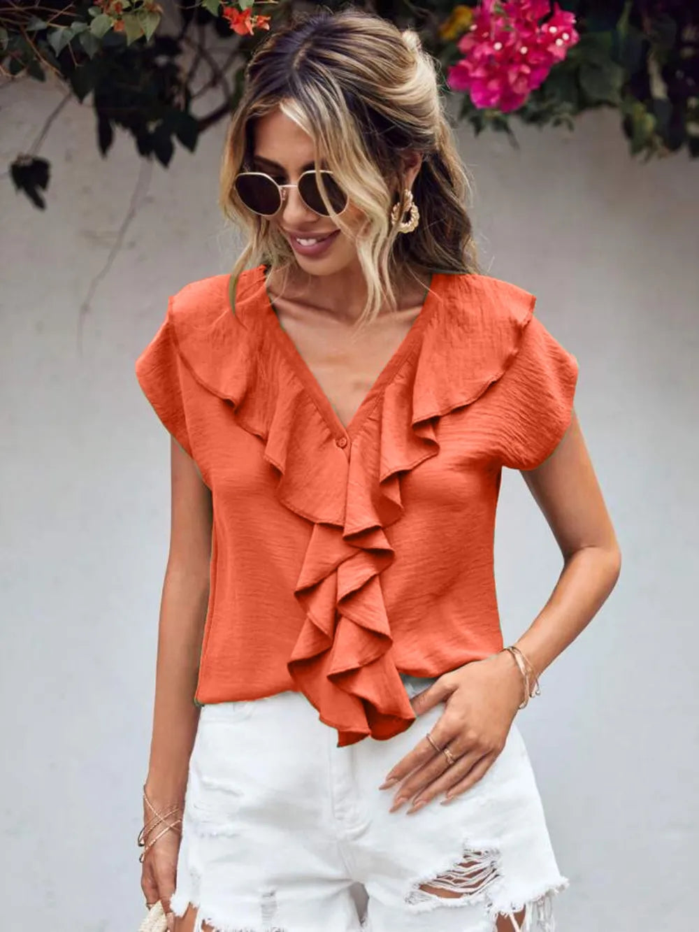 Ruffled V-neck Short Sleeve Blouse (3)