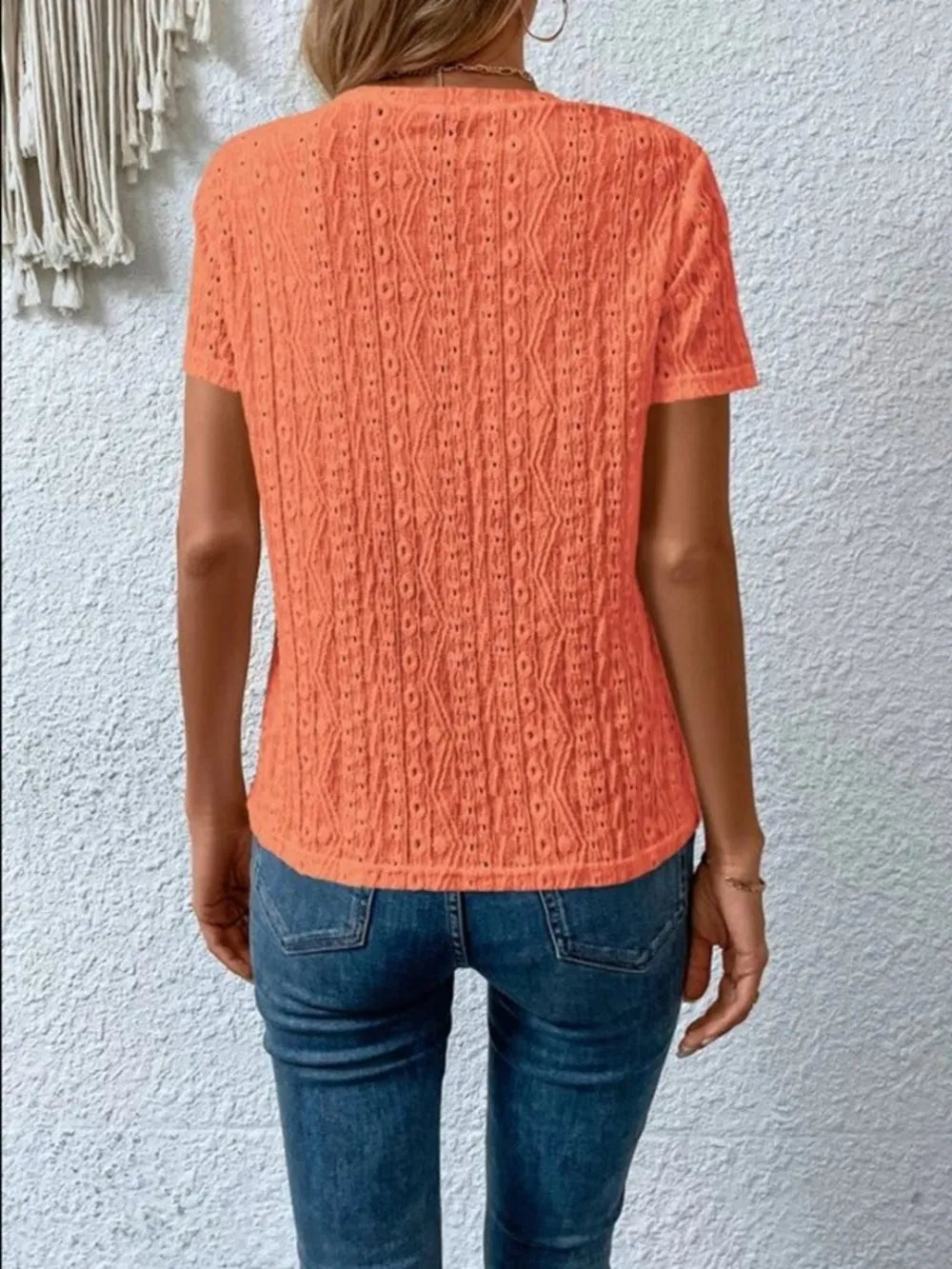 Eyelet Round Neck Short Sleeve T-shirt (15)