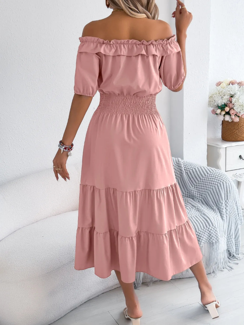 Smocked Off-shoulder Tiered Dress (5)