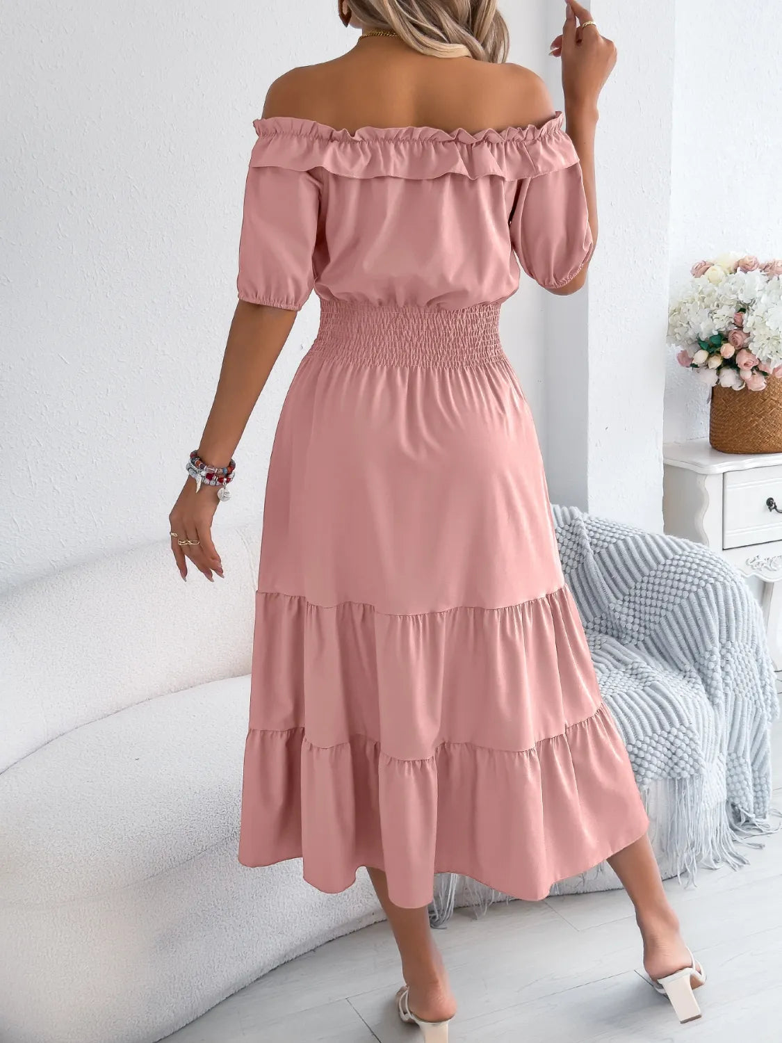 Smocked Off-shoulder Tiered Dress (5)