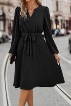 Tie Waist Notched Neck Long Sleeve Dress (10)