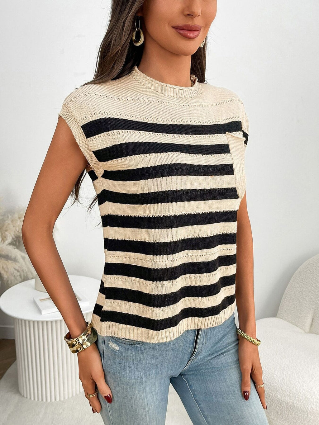 Striped Knit Pocket Detail Cap Sleeve Sweater (5)