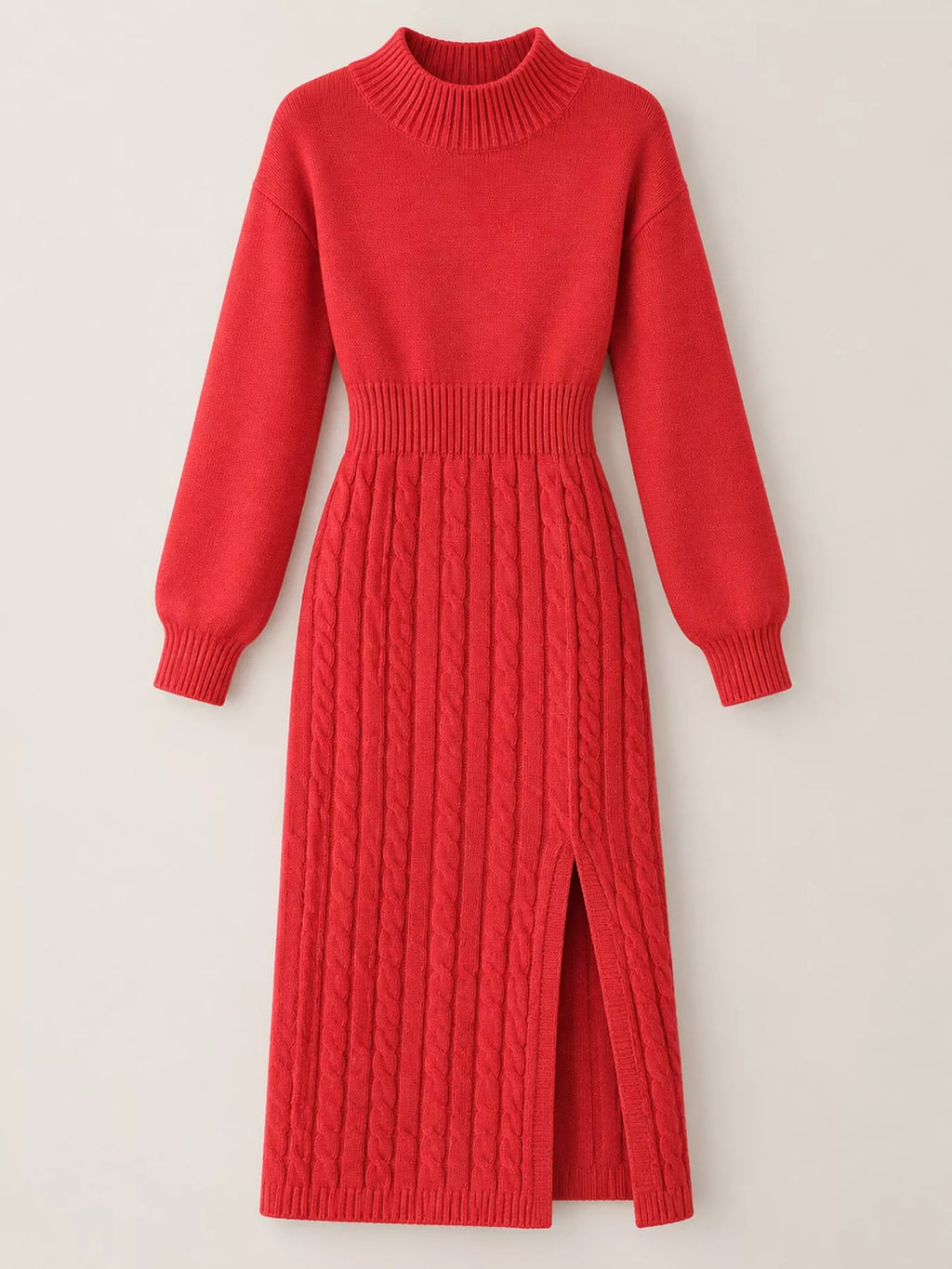 Full Size Mock Neck Cable Knit Sweater Dress Front Slit Plus (23)