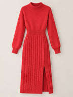 Full Size Mock Neck Cable Knit Sweater Dress Front Slit Plus (23)