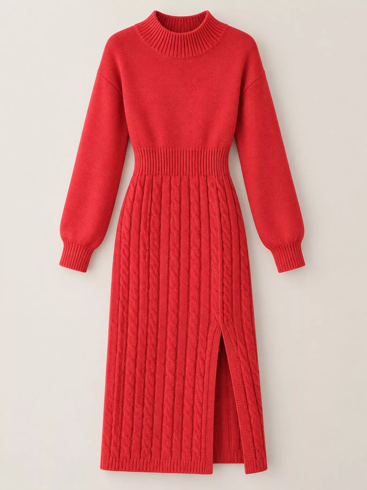 Full Size Mock Neck Cable Knit Sweater Dress Front Slit Plus (23)