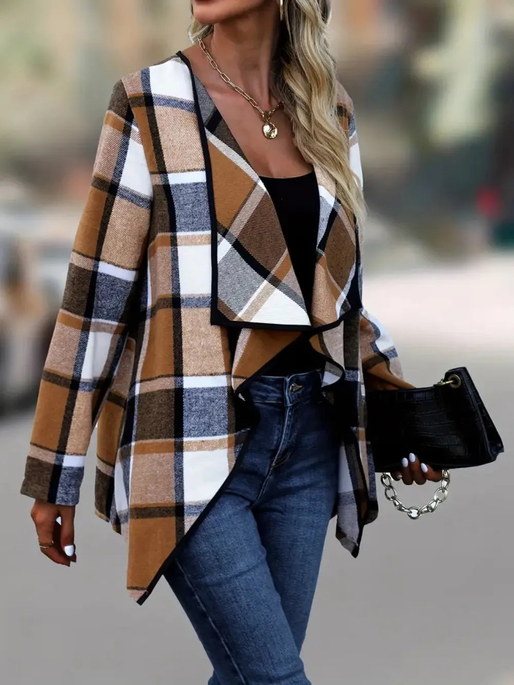 Plaid Open Front Long Sleeve Jacket (14)