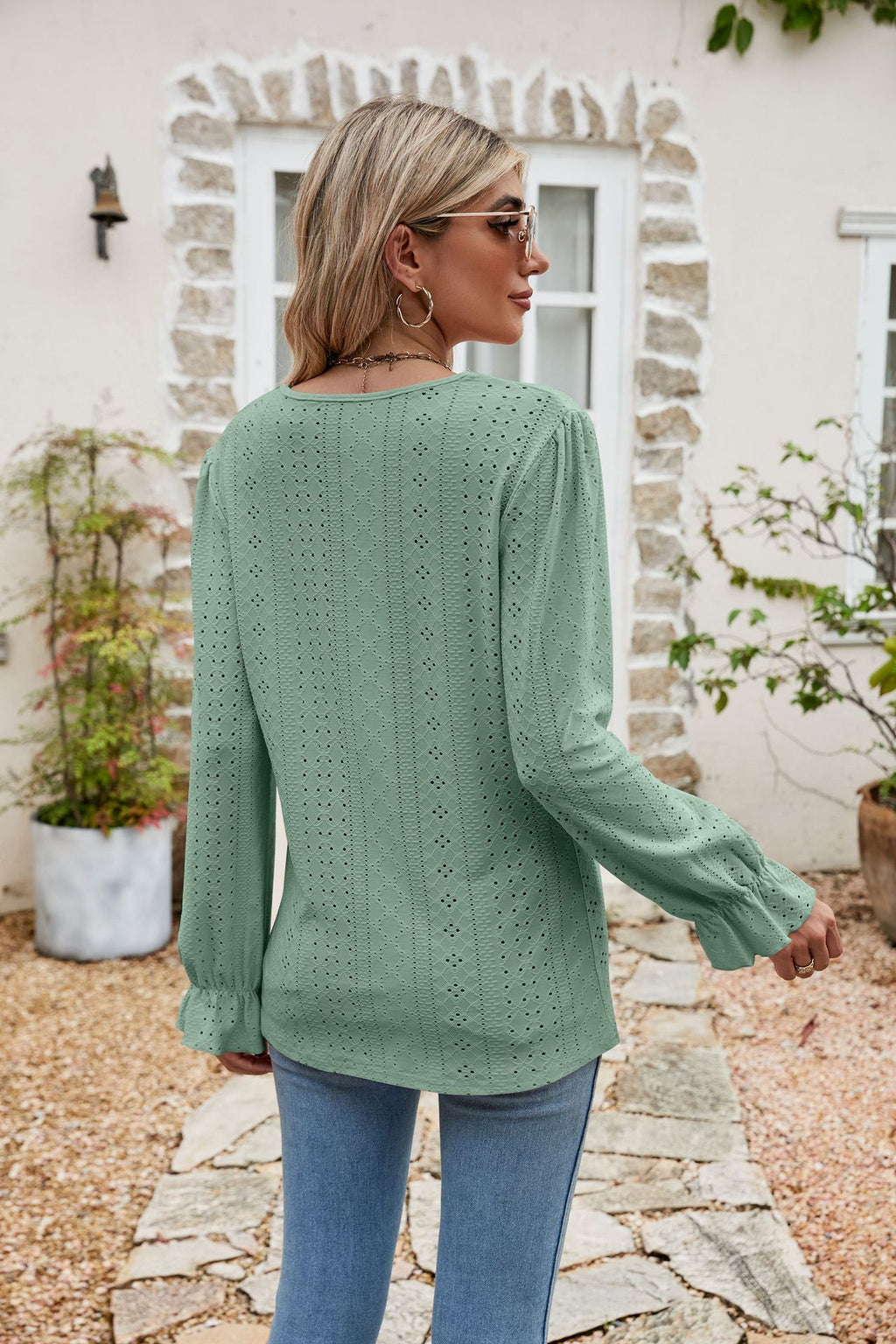 Eyelet Lace Trim Flounce Sleeve Blouse (15)