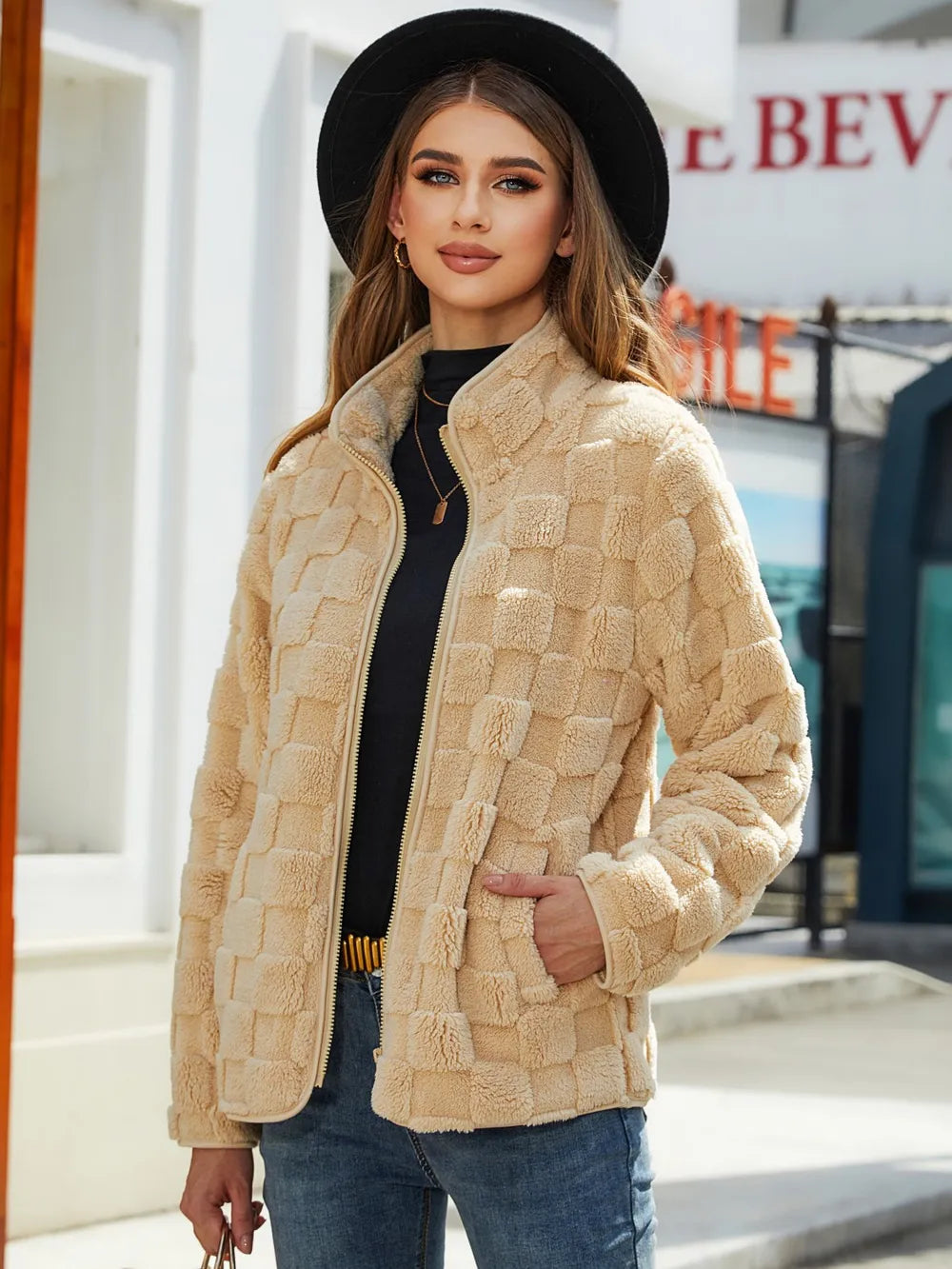 Fuzzy Checkered Zip Up Jacket (2)