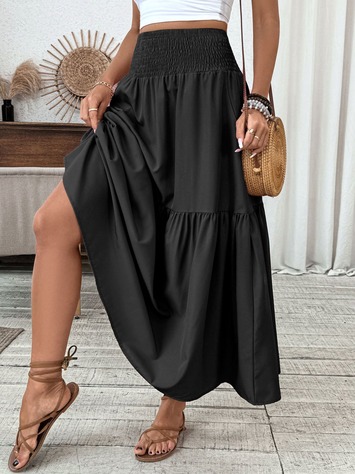 Smocked Waist Tiered Skirt (10)