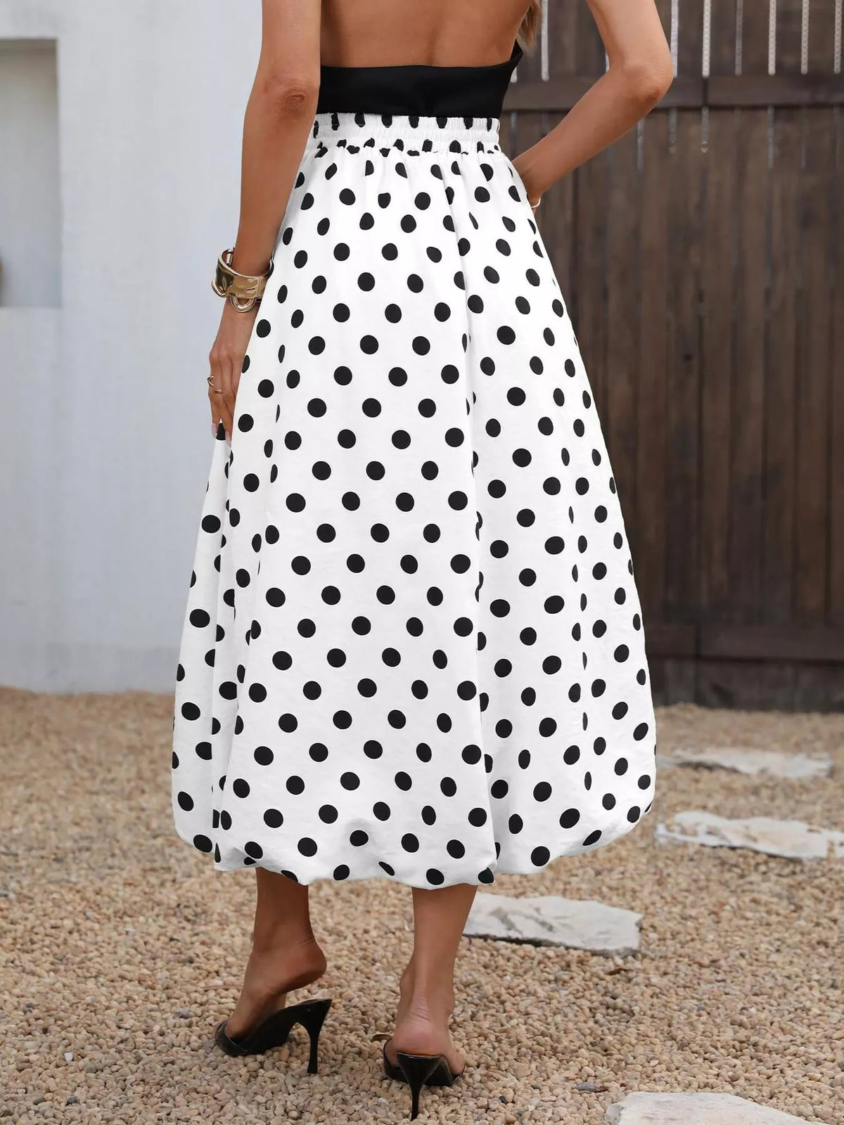 High-waisted Polka Dot A-line Midi Skirt (2)
