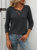 Ribbed V-neck Long Sleeve T-shirt (6)