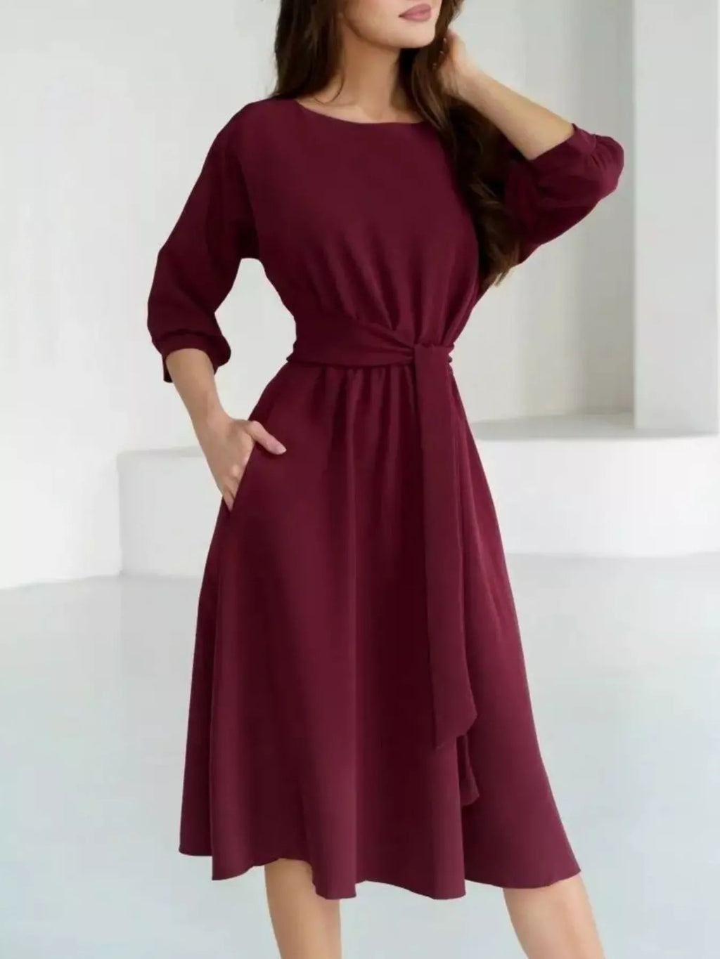 Elegant Belted Waist Midi Dress (9)
