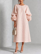 3d Floral Round Neck Midi Dress