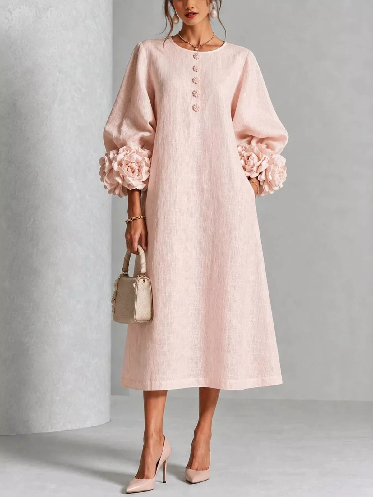 3d Floral Round Neck Midi Dress