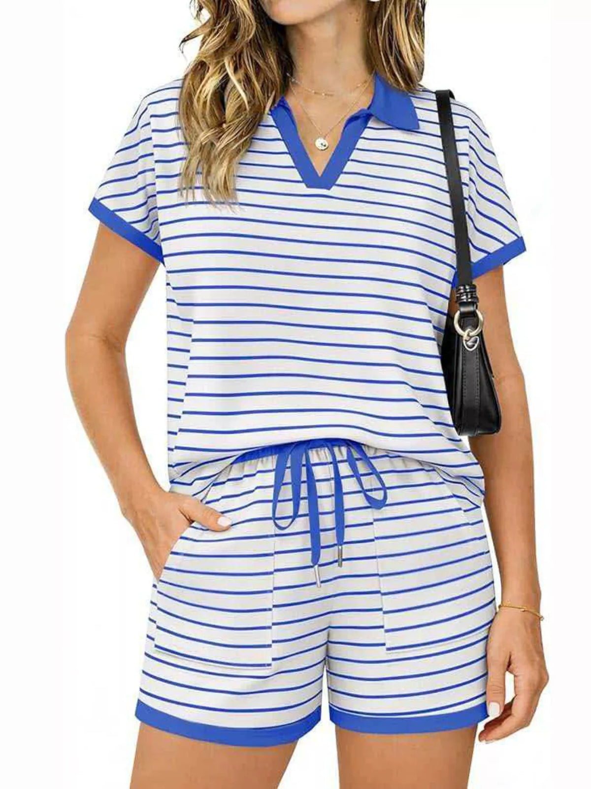 Striped Short Sleeve Polo Shorts Set (13)