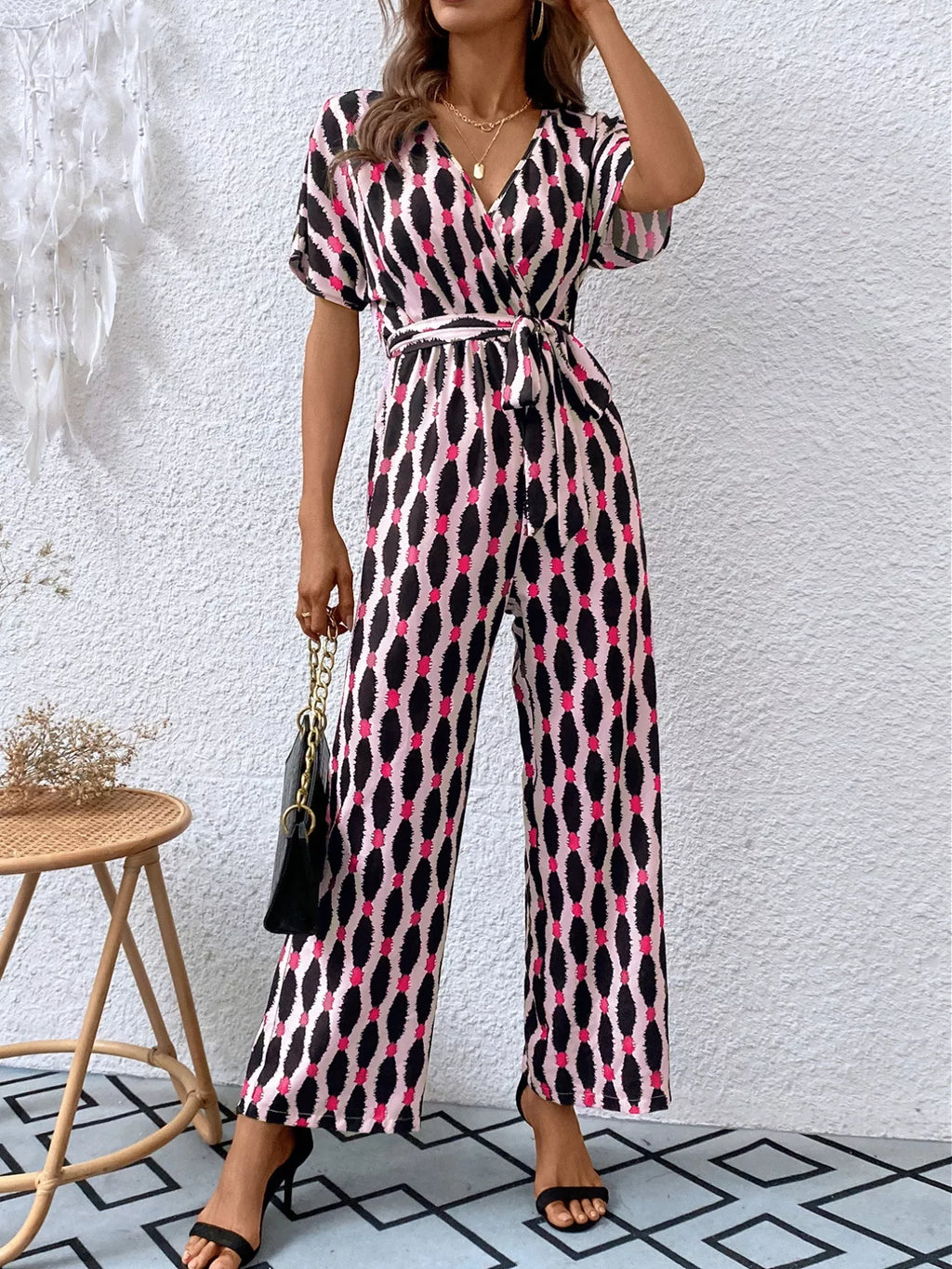Printed Surplice Tie Waist Short Sleeve Jumpsuit (2)