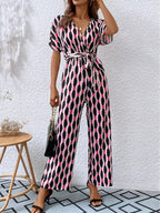 Printed Surplice Tie Waist Short Sleeve Jumpsuit (2)