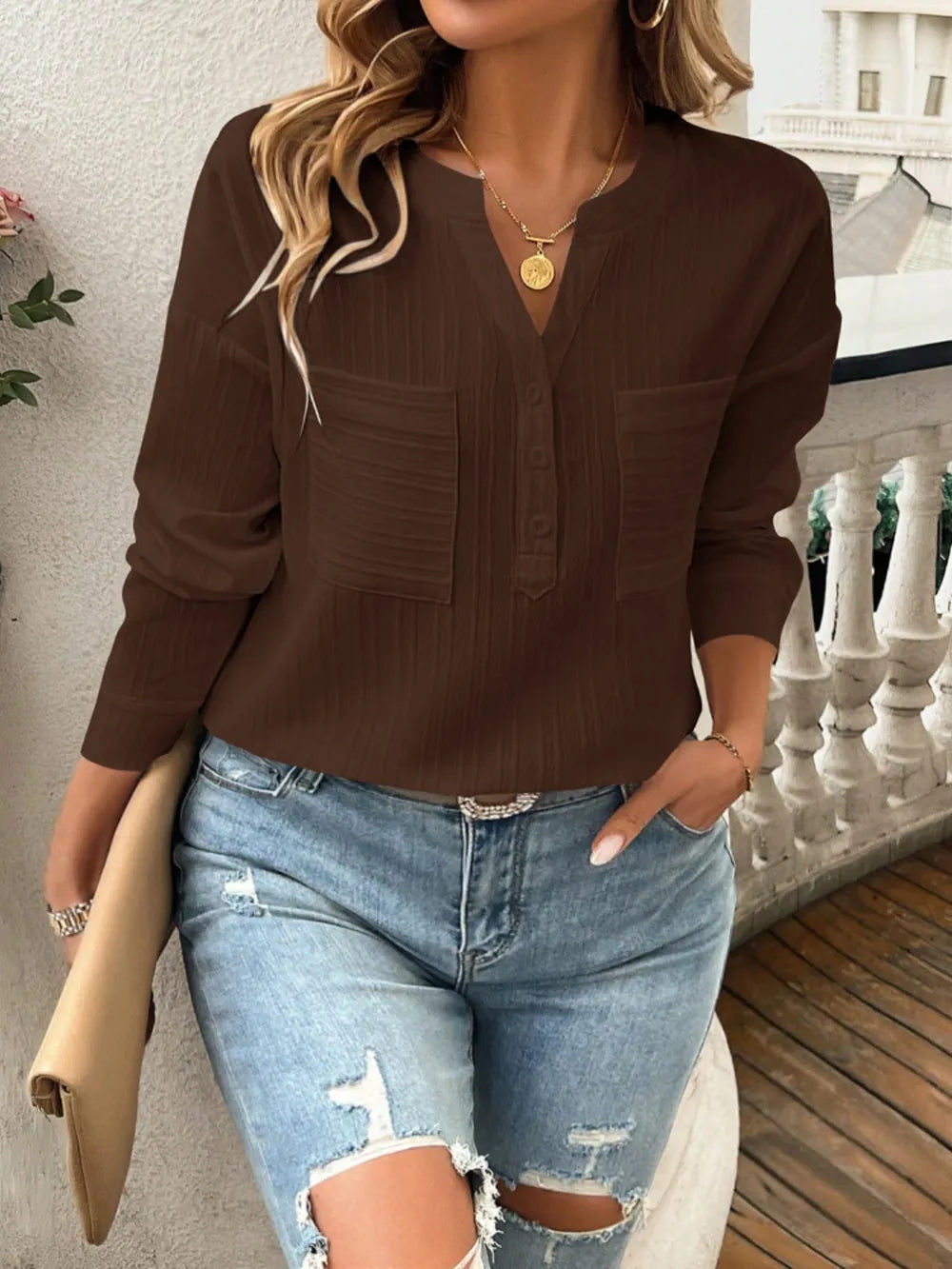 Pocketed Notched Long Sleeve Blouse (13)