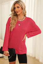 Waffle-knit Round Neck Long Sleeve Sweatshirt (17)