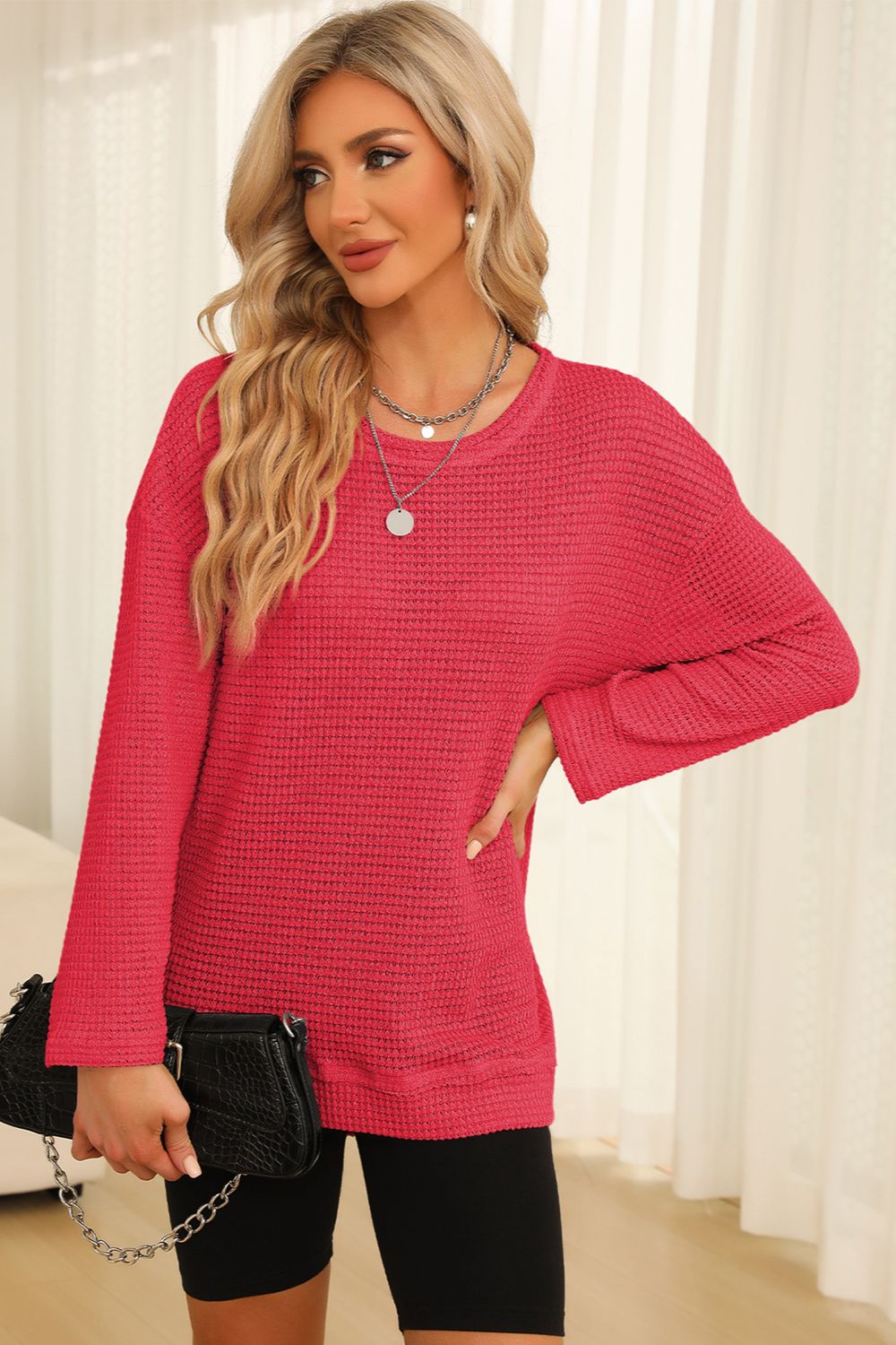 Waffle-knit Round Neck Long Sleeve Sweatshirt (17)