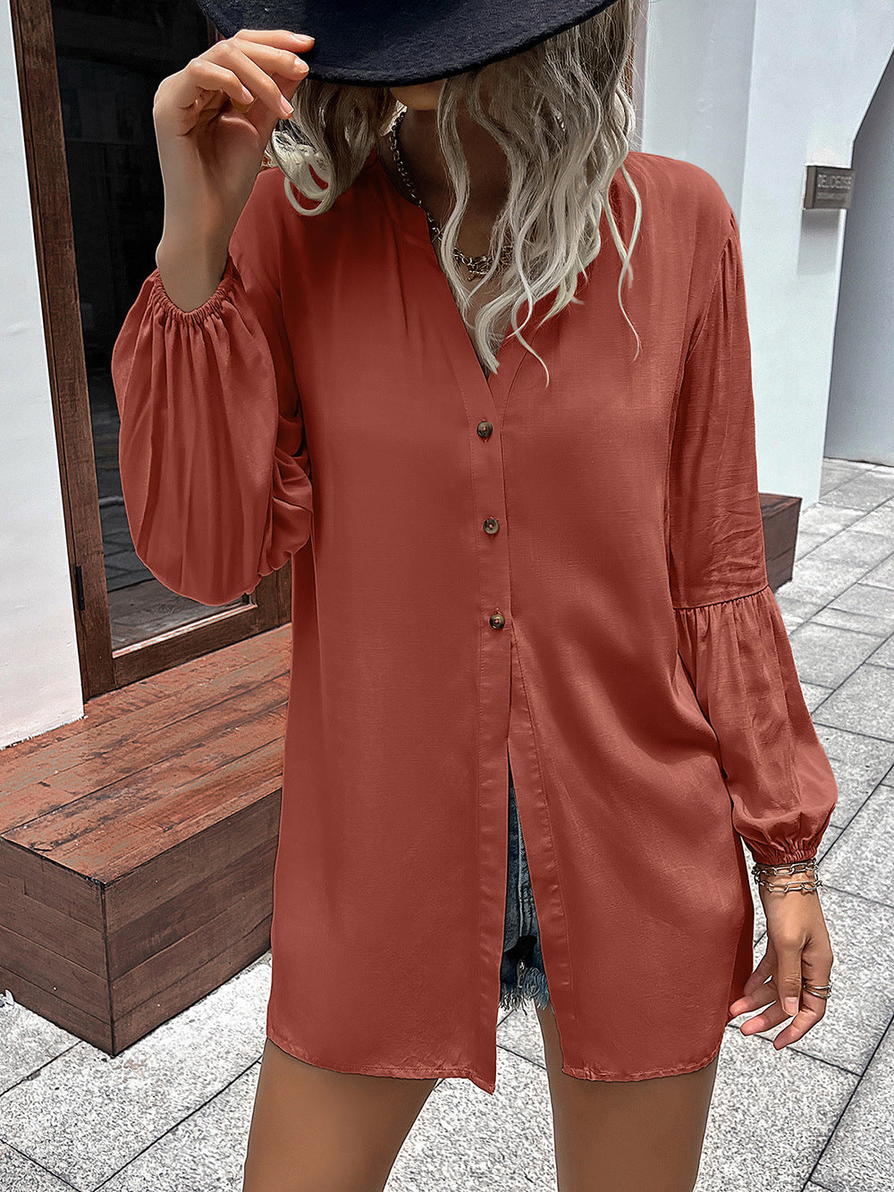Notched Neck Balloon Sleeve Shirt (16)