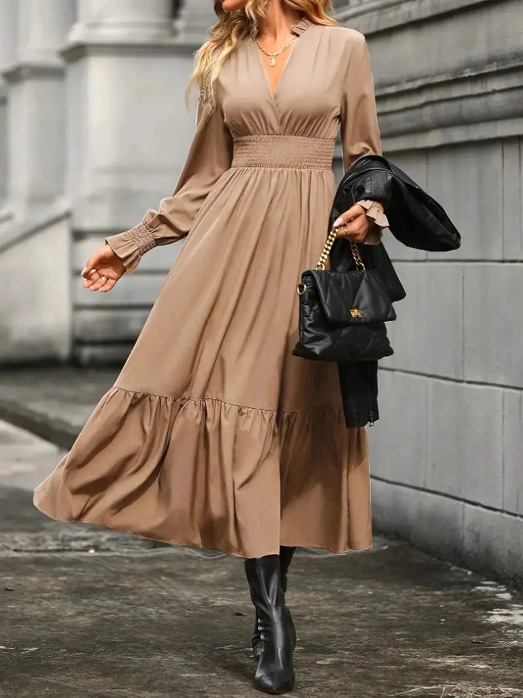 Notched Long Sleeve Tiered Dress (17)